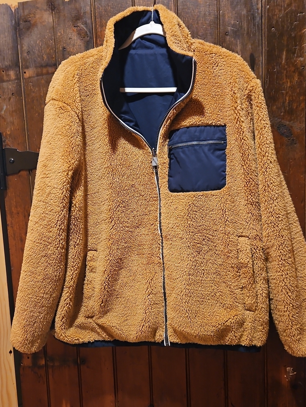 Camel Sherpa/ Nylon Reverable Zip-Up Jacket with Navy Pocket